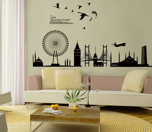 Black City Silhouette Cityscape Ferris Wheel Bridge Wall Decals, Living