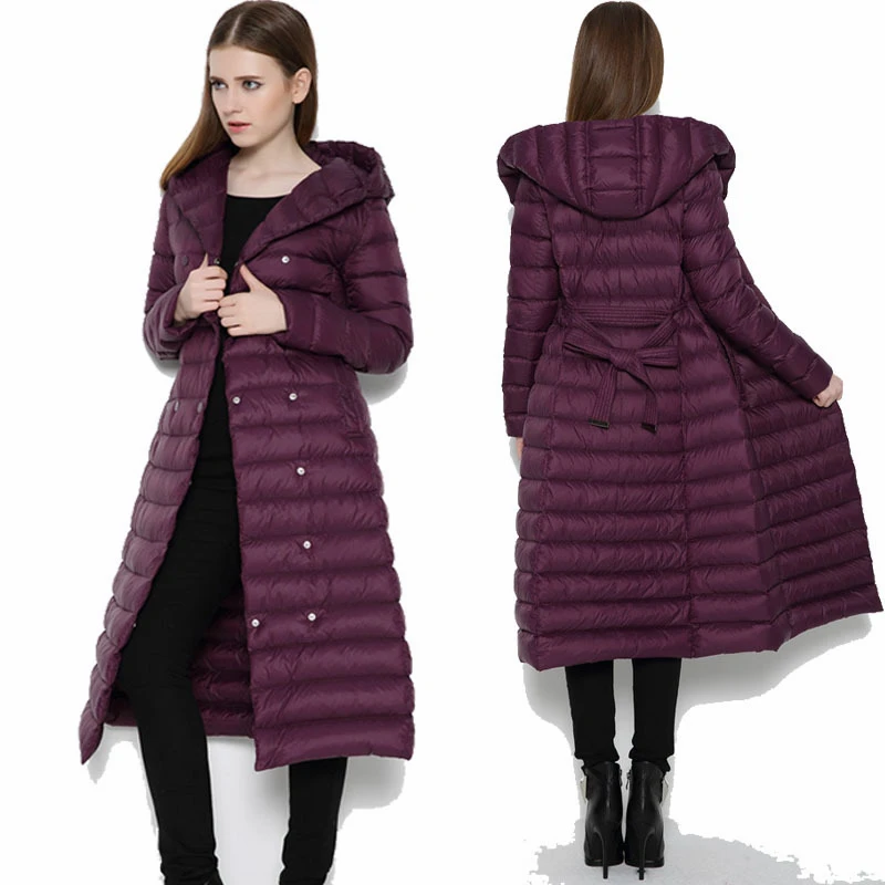 

Duck Down Jacket Women Double-breasted Padded Coat Longer Plus Size Thin Slim Down Female Hooded Over Knee Jacket Down JacketXXL
