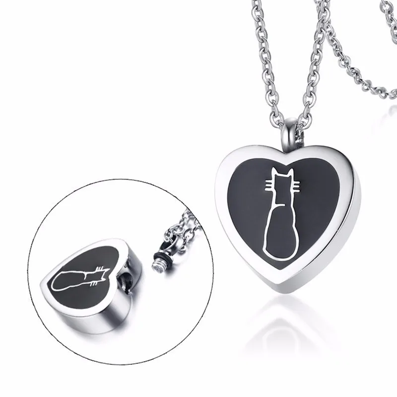 

Pet Cremation Jewelry Stainless Steel Pendant Necklace Urn for Ashes Black Cat on Heart Kitty Kitten Keepsake Jewellery 20in