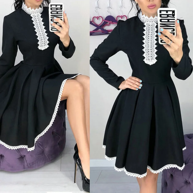 

Hot Women Spring Dress Long Sleeves Middle Waist Patchwork Ruffled Hem Slim Fit Dress SMA66