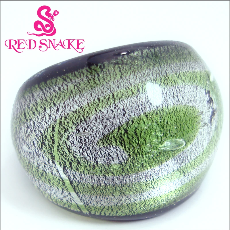 

RED SNAKE Fashion Ring Handmade Silver foil with green Cosmic Nebula design Murano Glass Rings