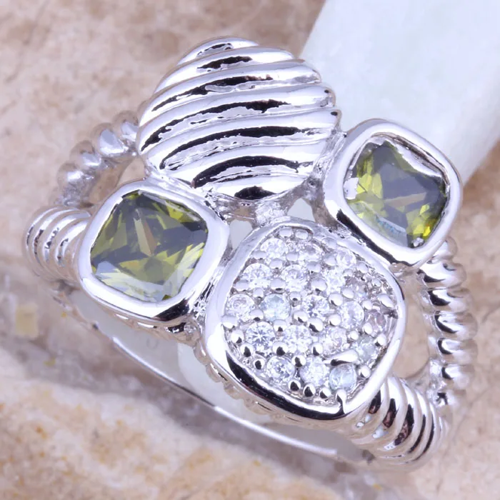 

Unusual Green Peridot White CZ Silver Stamped 925 Women's Ring Size 6 / 7 / 8 / 9 R1350