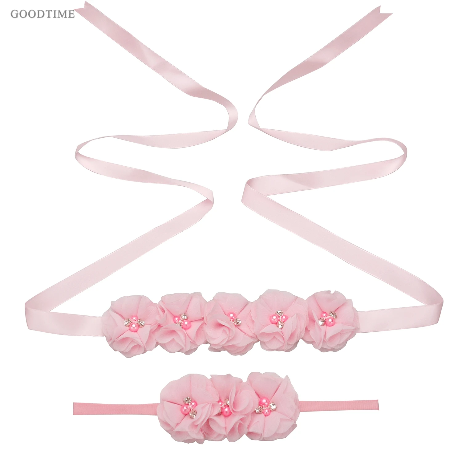 Красивые Детские Свадебные ремни с цветочным рисунком и повязка на голову, атласный пояс, вечерние пояса, обтягивающее платье с цветочным рисунком для девочек, пояс для фотосъемки, реквизит - Цвет: Розовый