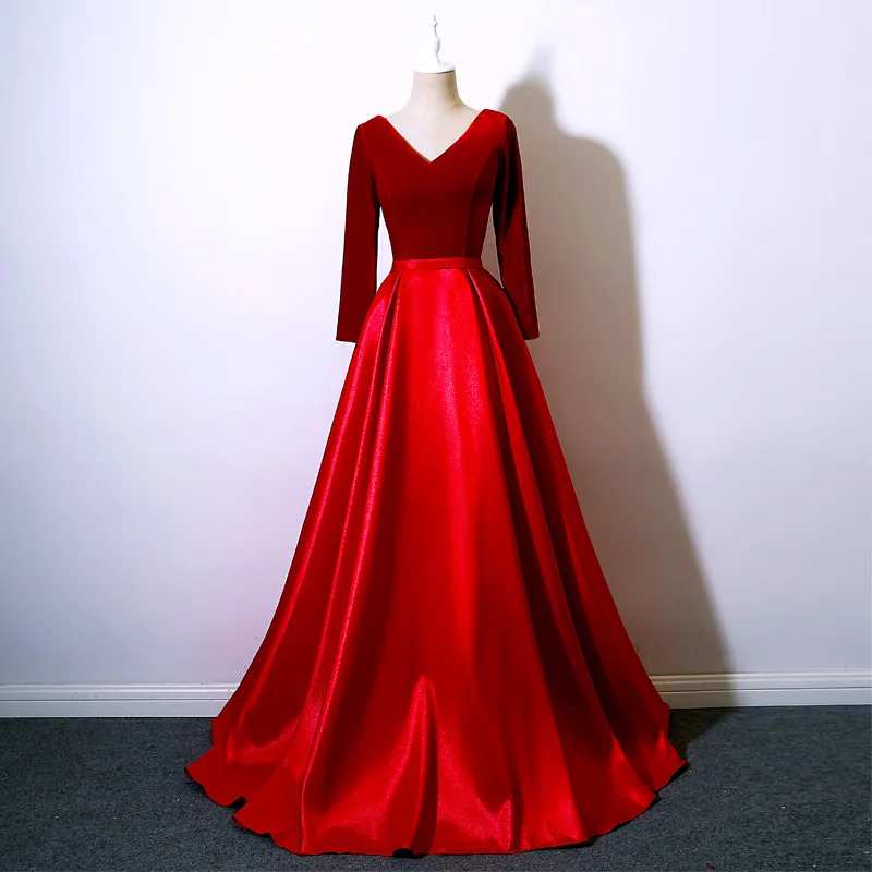

Classic Red Bridesmaid Wedding Dress Slim Sexy V-Neck Toast Clothing Fashion Full Length Stage Show Night Club Party Dresses