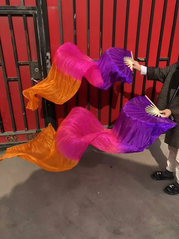 

Hot Sell Cheap Imitation Silk Fan Veil Pairs Women Belly Dance Bamboo Fan Veils Flame Color 120cm 180cm