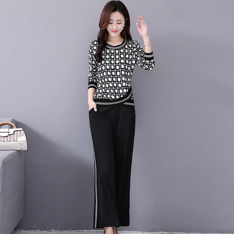 M-5x Autumn Black Printed Two Piece Sets Women Plus Size Long Sleeve Tops And Pants Suits Korean Elegant Office 2 Piece Sets