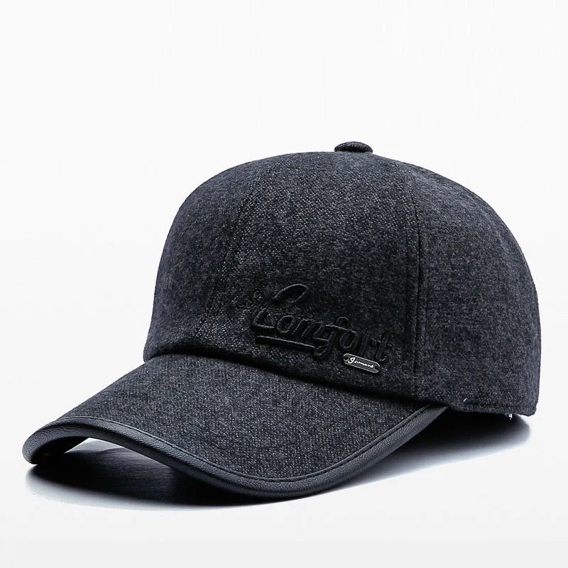 Classic Warm Winter wool Baseball Cap Men Snapback Hat With Ear flap