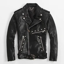 Men’s Leather Jacket Rivet Oblique Zipper Slim Lapel Jacket Punk Coat