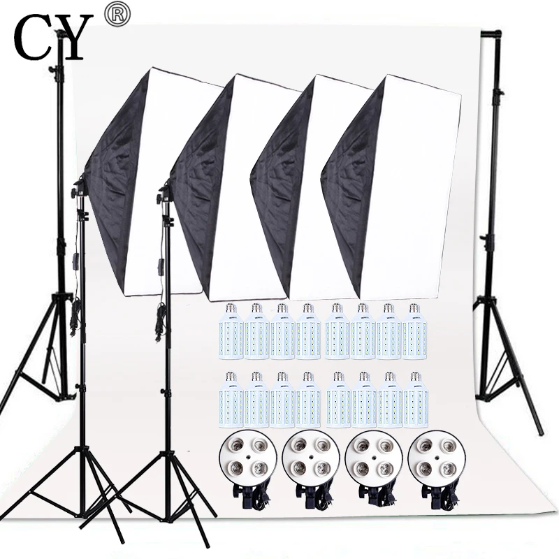 

CY 20W LED Light Photo Studio Video Lighting Kit SoftBox with E27 4Lamp Holder+Backdrop Support Cross Bar With Backdrop+Stand