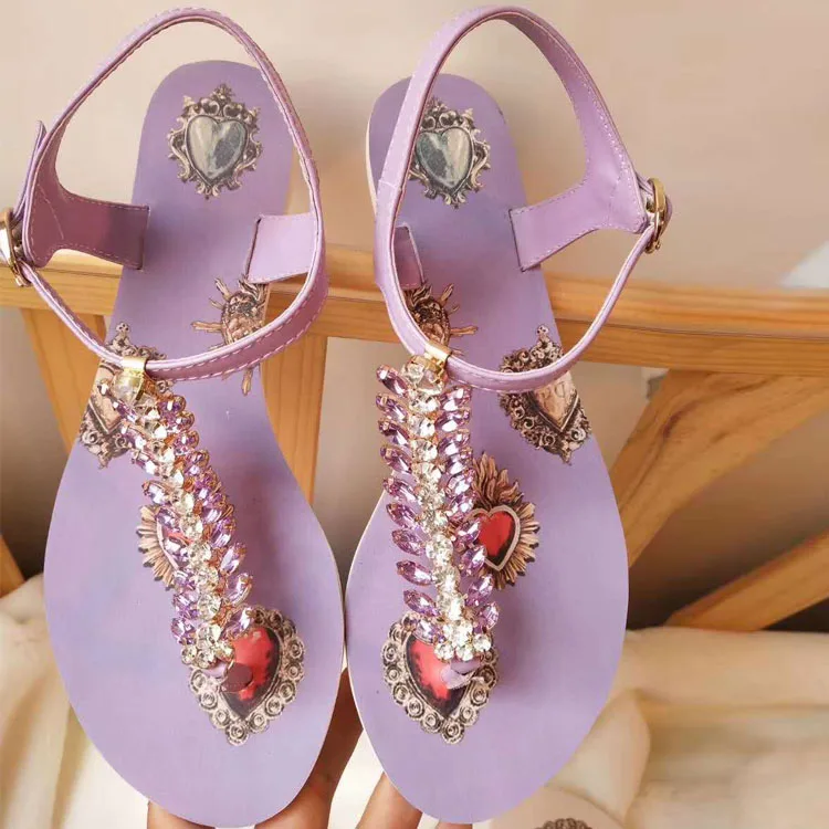 

2019 New Summer Sandals Shoes Woman Leather Thong Sandals Ankle Strap Flats Designer Ethnic Crystal Woman Flat Sandals Shoes