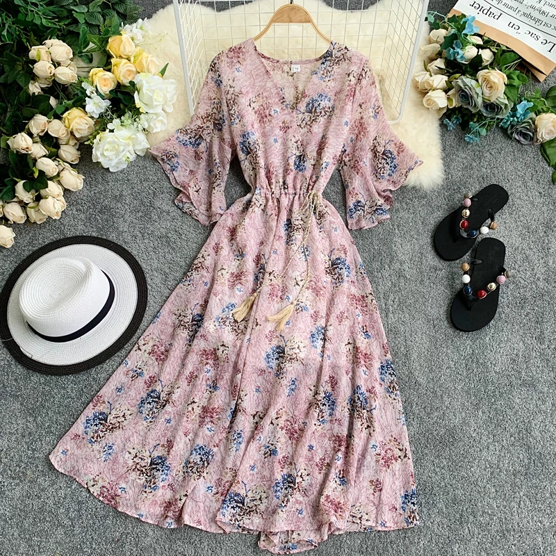 

Seaside Holiday V-Neck Flare Sleeve Elegant Chiffon Printing High Waist Lace Dress Women Summer Vestidos F641