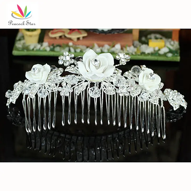 Свадебные для невесты Вечерние качество белая керамика ручной работы цветок гребень для волос с кристаллами CT1360