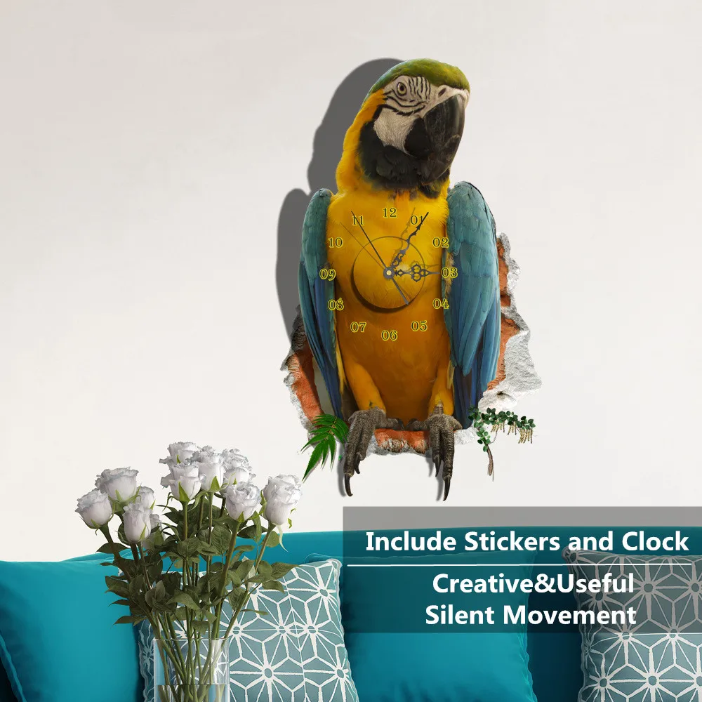 Творческий 3D Рио Psittacidae самоклеящиеся настенные часы наклейки декор попугай