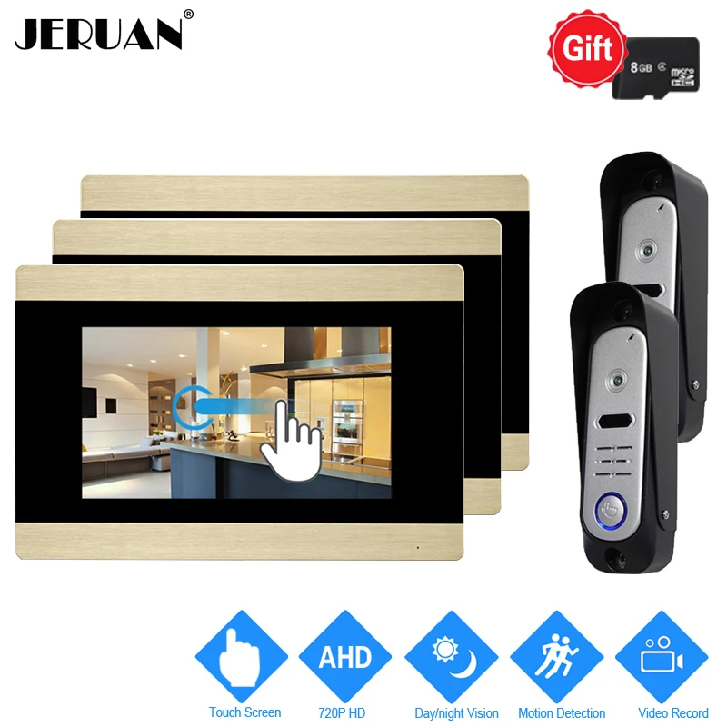 

JERUAN 7 inch Touch Screen Video DoorPhone Intercom System 720P AHD Motion Detection 3 Record Monitor+2 HD Waterproof Camera 2V3