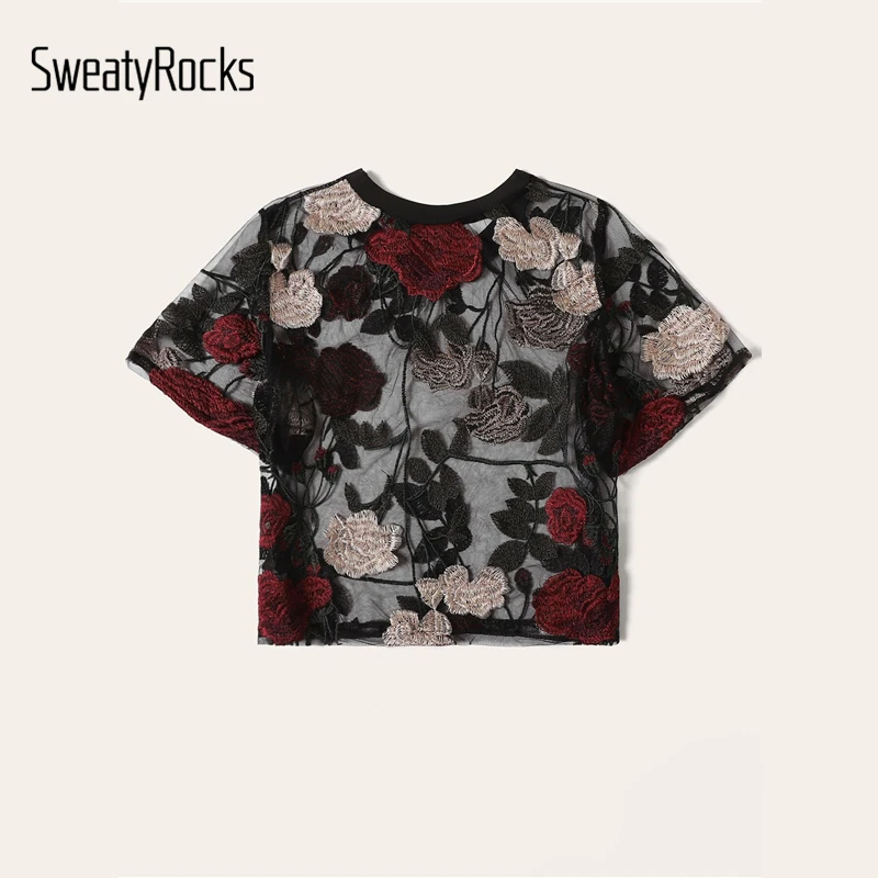 SweatyRocks, блузка с цветочной вышивкой, короткий рукав, Круглый ворот, уличная одежда, сексуальные топы, модные летние повседневные блузки