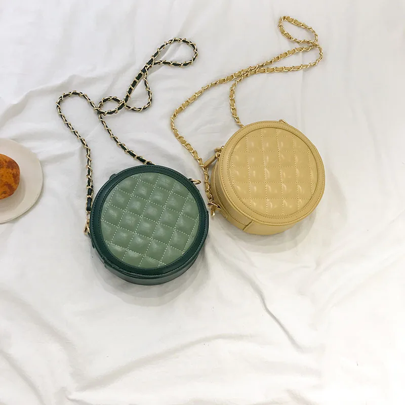 

Luxury Patchwork Chain Messenger Bags Brand Designer Women Small Round Shoulder Bag Ladies Chic Diamond Lattice Leather Handbag
