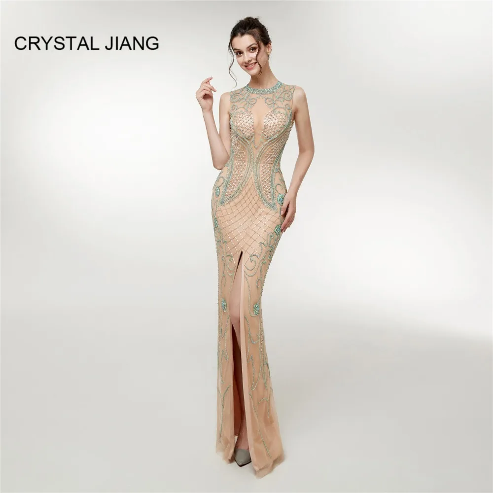 

Hot New 2019 O Neck Heavy Major Beaded Champagne Evening Dresses Long Front Slit Floor Length Luxury Evening Gown Formal Dress