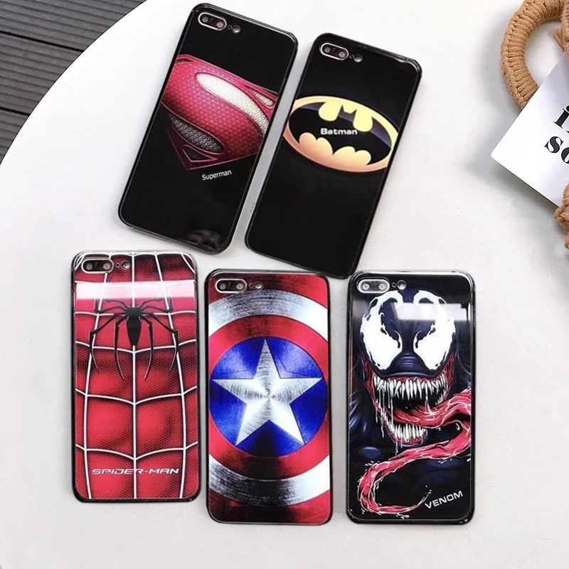 

Phone Case For iphone 6 6S 7 8 Plus Tide Suprem Hero Marvel Avengers Glass Cover For iphone X XS MAX XR Batman Captain America