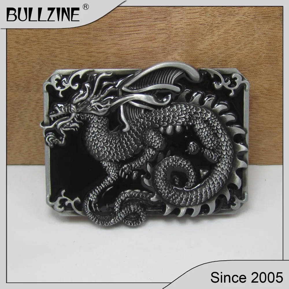 

The Bullzine Dragon belt buckle with black enamel with pewter finish FP-02430 suitable for 4cm width belt