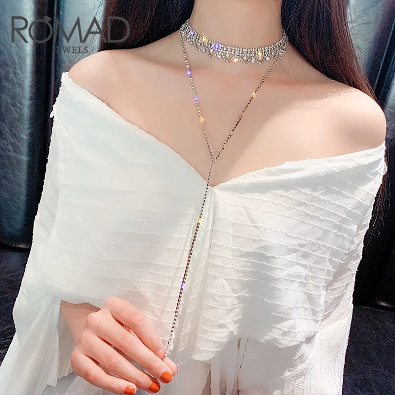 

ROMAD Long Necklace Women 2019 Chokers Necklaces For Women Full Rhinestone Choker Statement Necklace Jewelry Party Gifts Gift R5