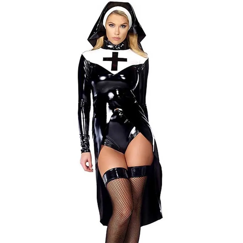 

Black Vinyl Leather Nun Costume Sexy Cosplay Catholic Monk Fancy Dress Sexy Saintlike Seductress Halloween Costumes For Women