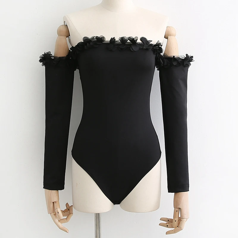 

SheMujerSky Sexy Off Shoulder Bodysuits Long Sleeve Body Women Petal Ruffles Black Jumpsuits macaquinho feminino curto
