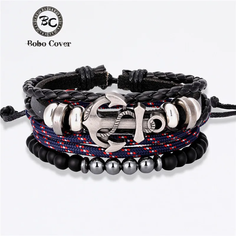 

Fashion 1 Set 3PCS Multi-layer Rope Anchor Bracelet Charm Male Metal Link Chain Beaded Leather Bracelets Dropshipping homme Gift