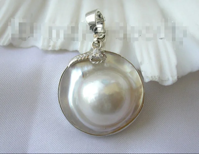 

womens STUNNING AAA big 25mm round white south sea mabe pearl Pendant silver Factory Wholesale price Women Gift word Jewelry