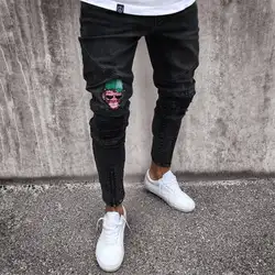 Цвет: черный, синий хип обтягивающие Мужские джинсы Рваные байкерские джинсы брюки с рваными краями и потертостями печати Вышивка Slim Fit Denim