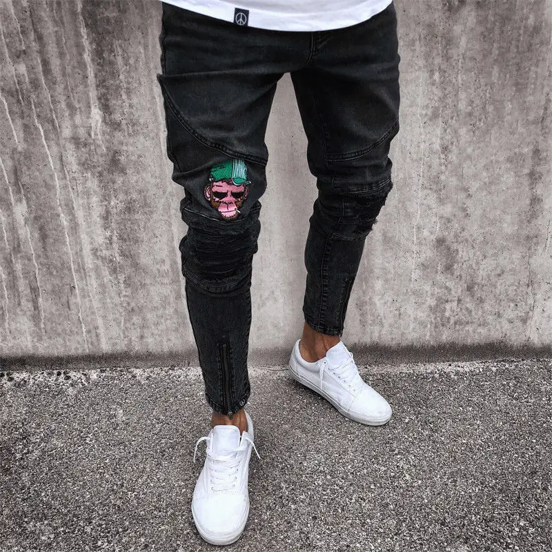 Black Blue Hip Pop Skinny Jeans Men Ripped Biker Jeans Destroyed Frayed Print Embroidery Slim Fit Denim Pant Homme Clothes