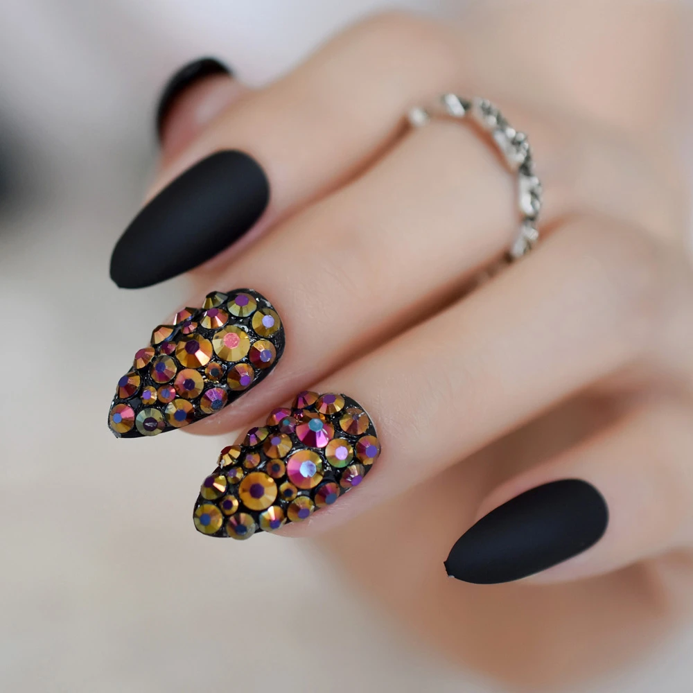 Medium Stiletto Full Cover Finger Nail Art Tips 3D Shining Rhinestone Fake Nail  Pre designed Matte False Nail Tips|False Nails| - AliExpress