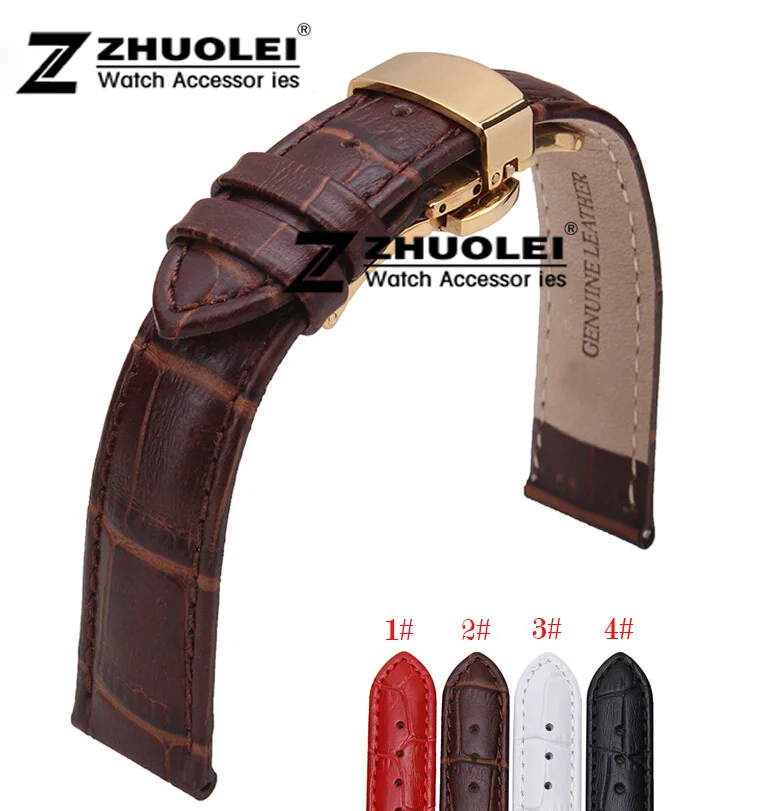 

New 16mm 18mm 20mm 22mm Gold Stainless Butterfly Deployment Clasp Brown Genuine Leather Watchband Strap Bracelet
