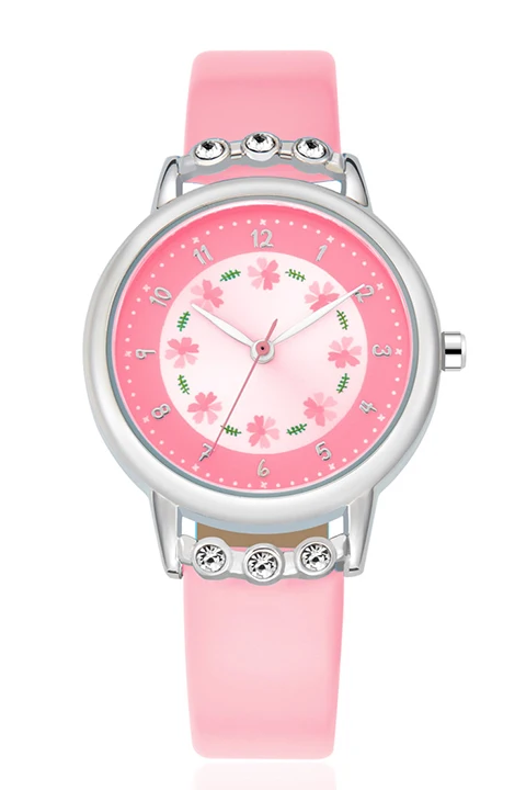 Kezzi, детские часы для девочек, стразы, цветы, кожаный ремешок, наручные часы для студентов, Мультяшные кварцевые часы, montre enfant - Цвет: pink watch