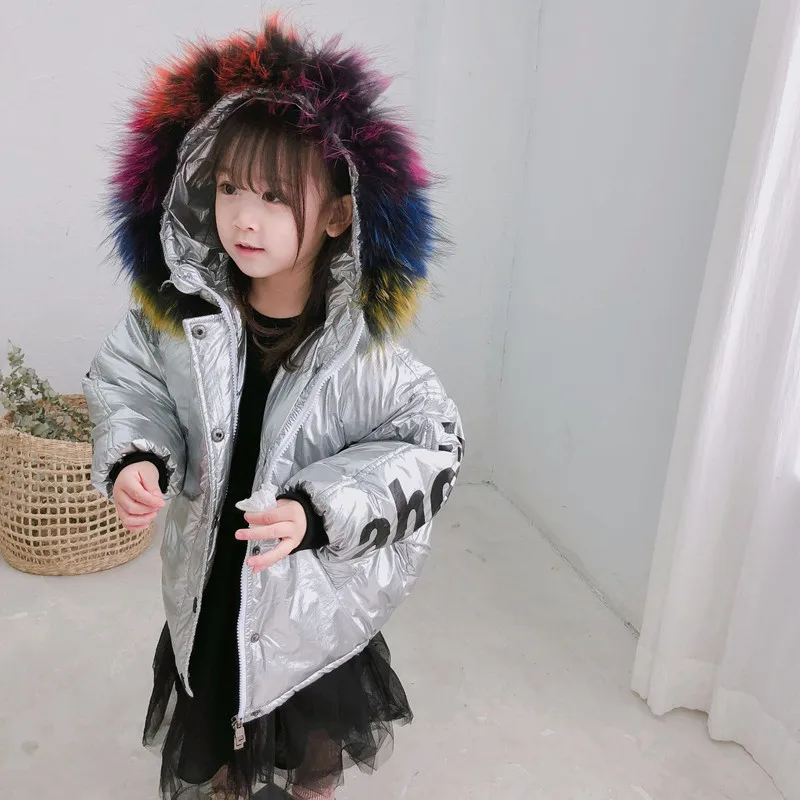 

DFXD Children Girls Warm Down Jacket Coat Toddler Clothes Baby Letter Print Colorful Fur Collar Thick Hooded Padded Outwear 2-8Y