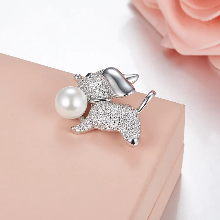 

ZOZIRI Brand Design Adorable Puppy Dog Brooch Pin For Women AAA Mirco Zircons 925 sterling silver Cute Pearl Broche bijoux femme