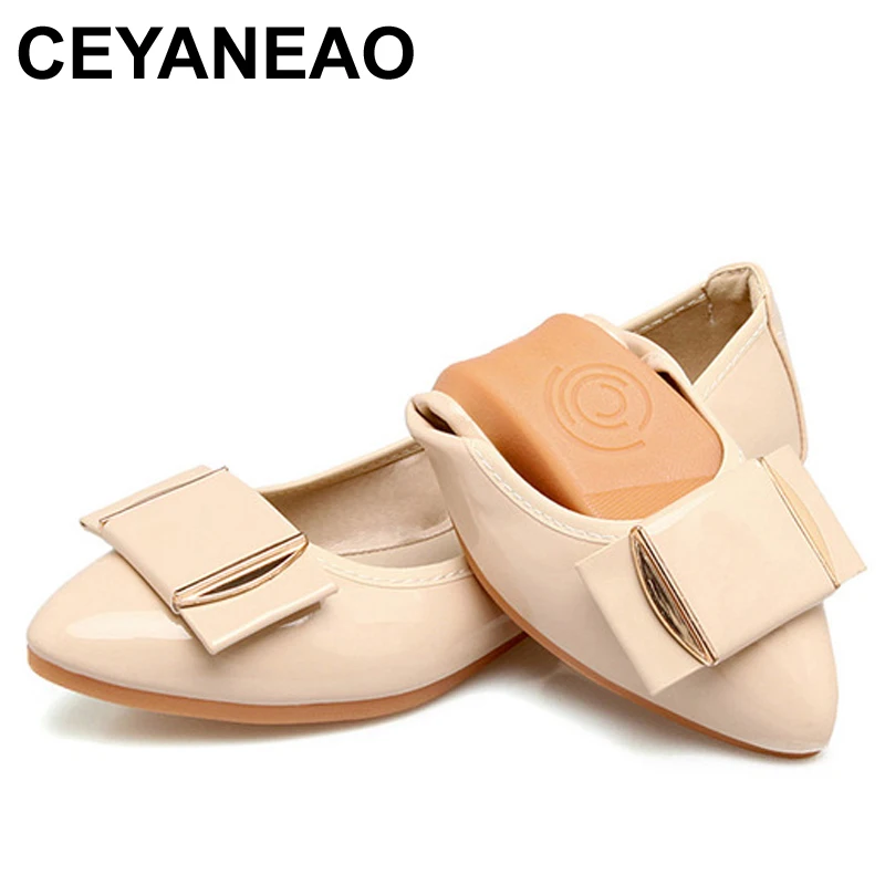 

CEYANEAONew Arrival Fashion Spring Foldable Women Flats Ladies Bow Pointed Toe Slip-On FlatShoes Women's Candy Color LoaferE1567