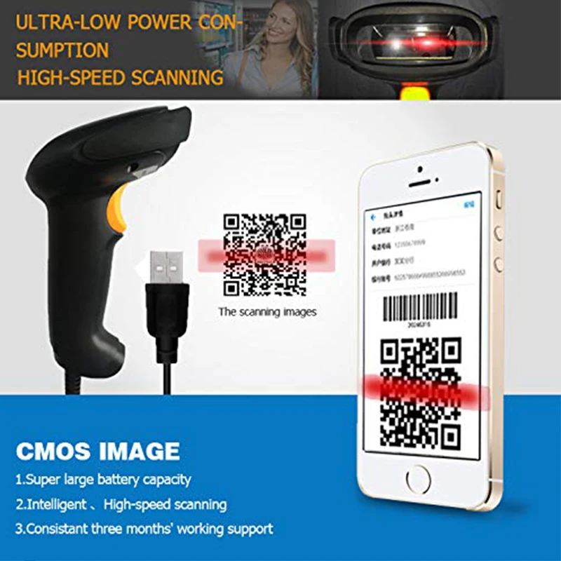 Ручной Проводной usb-сканер штрихкодов CMOS 1D 2D QR считыватель штрих-кодов непрерывное сканирование для компьютера Windows дизайн для Мобильных Платежей