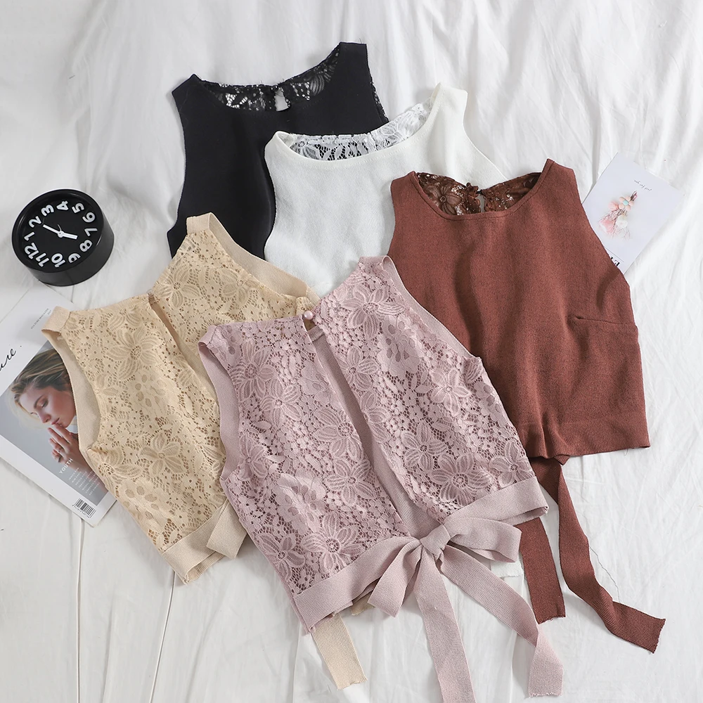 

Women Retro Casual Vest Knitted Spelling Lace Hollow Short Crop Tops Lady Bow Short Crop Tops G519