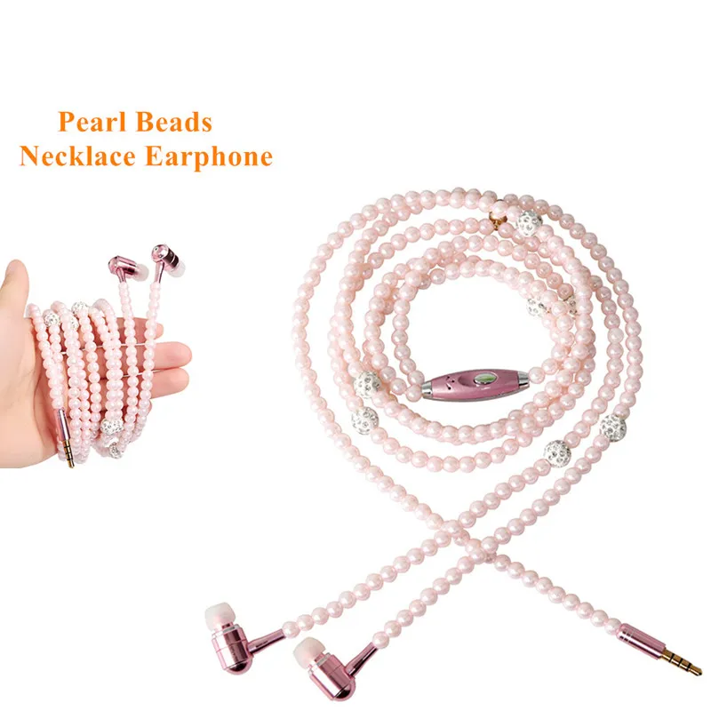 Fashion Earphones Ladies Women Necklace Chain Pearl Beads Earphone With