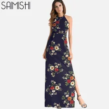 Saimishi 2 Colors Fashion Sleeveless Open Back Floral Print Dress Women Maxi Dress Ladder Insert Slit Side Halter Dress