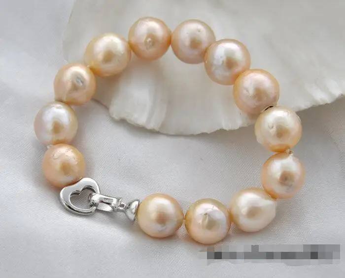 

Free shipping hot sale Women Bridal Wedding Jewelry >>8" 14mm round pink Edison reborn pearl bracelet 925sterling silver clasp