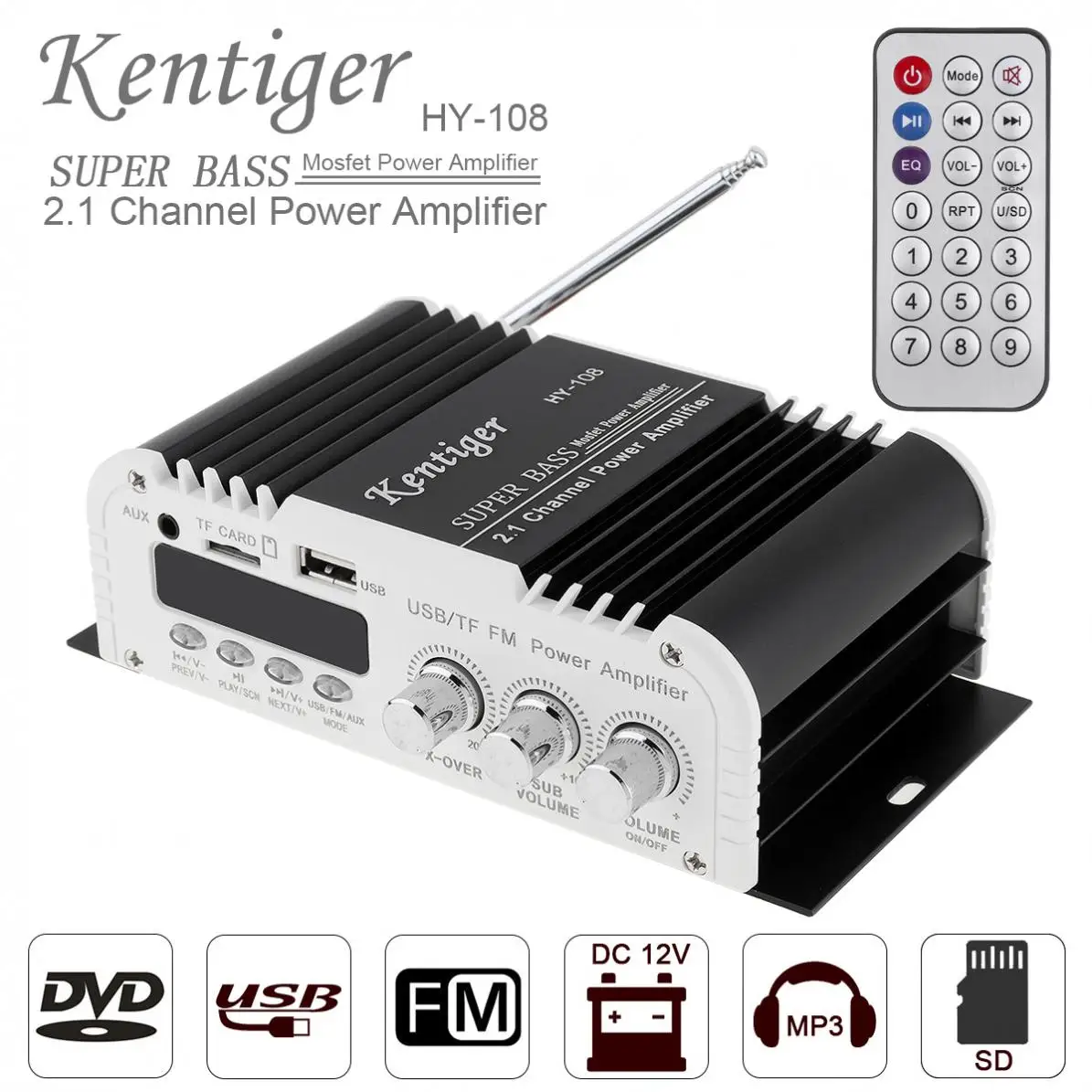 

2.1CH HI-FI Car Audio High Amplifier FM Radio Player Support SD / USB / DVD / MP3 with Remote Controller for Car Motorcycle Home
