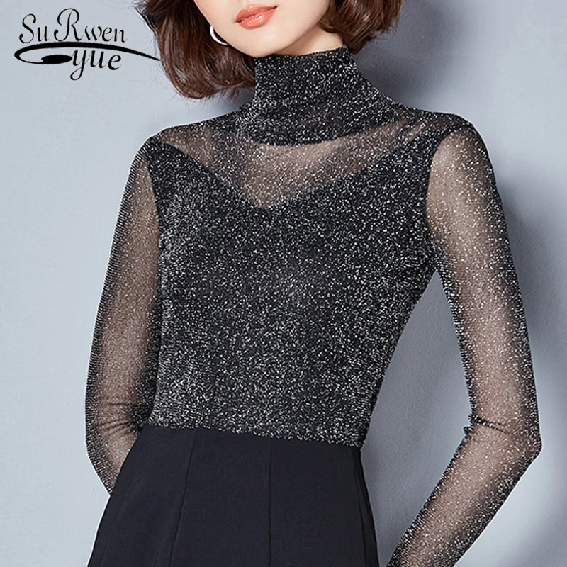 

2018 New Arrive Top Shirt Women Long Sleeve Solid Color Blouse Turtleneck Slim Sexy Lace Top Blusas 562C 30