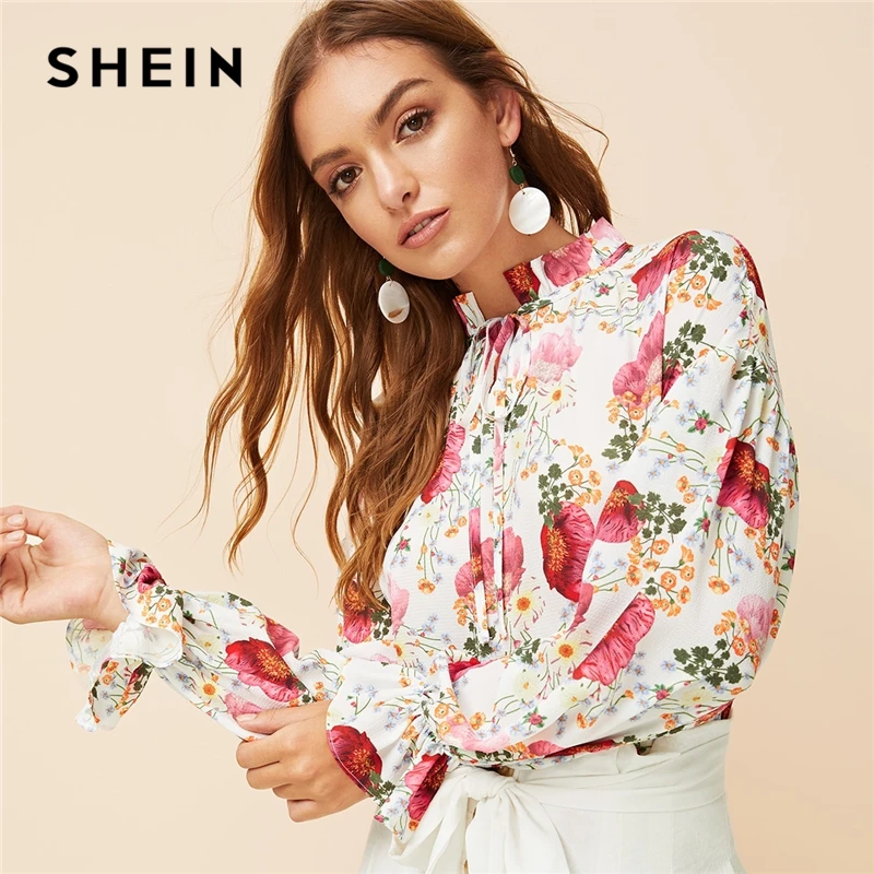 

SHEIN Elegant Multicolor Stand Collar Tie Neck Ruffle Trim Floral Blouse Women Summer Office Lady Flounce Sleeve Boho Blouses