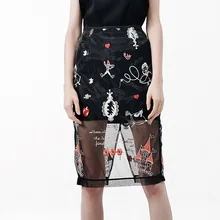 Женская уличная одежда с вышивкой в виде героев мультфильмов, женские юбки, летняя мода, высокая талия, прямая юбка до колена, средняя юбка