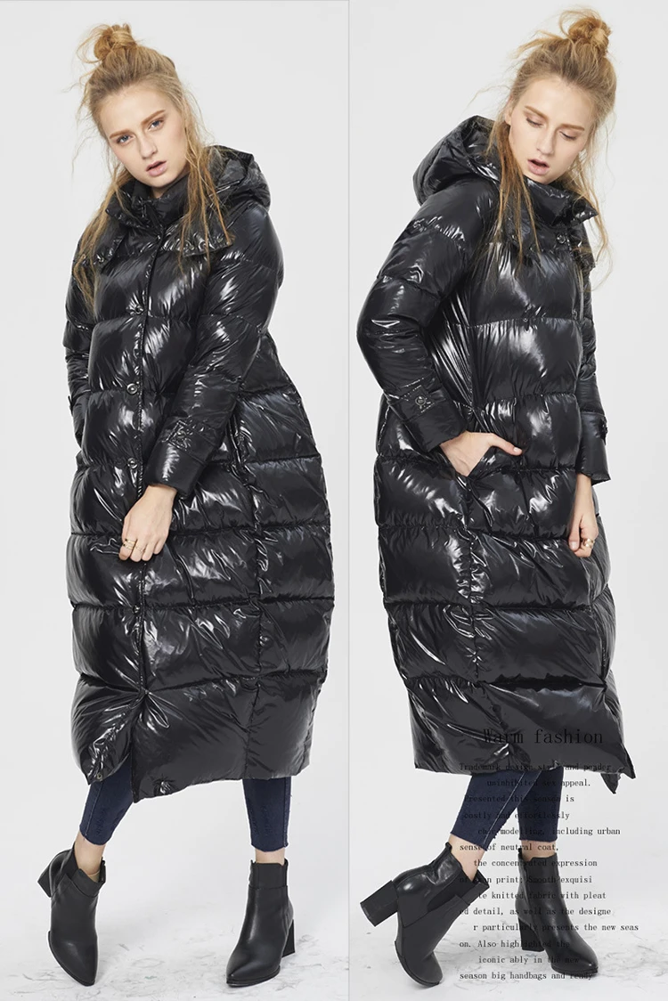 5XL Размер, женский зимний черный глянцевый длинный пуховик, новая мода, имитация двух частей, с капюшоном, белый утиный пух, пальто для женщин HJ206