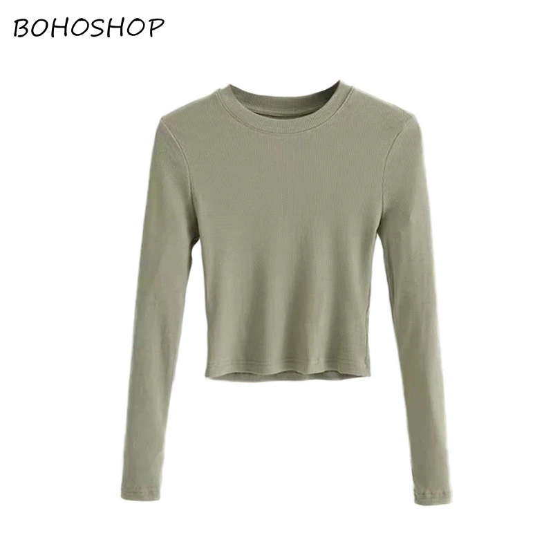 

Spring vintage Women solid color crop tops t-shirt lady long sleeve o-neck high elestic Tees high quality streetwear