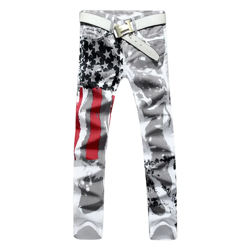 New Luxury Brand Stretch Mens Jeans American Flag Printing Jeans Men