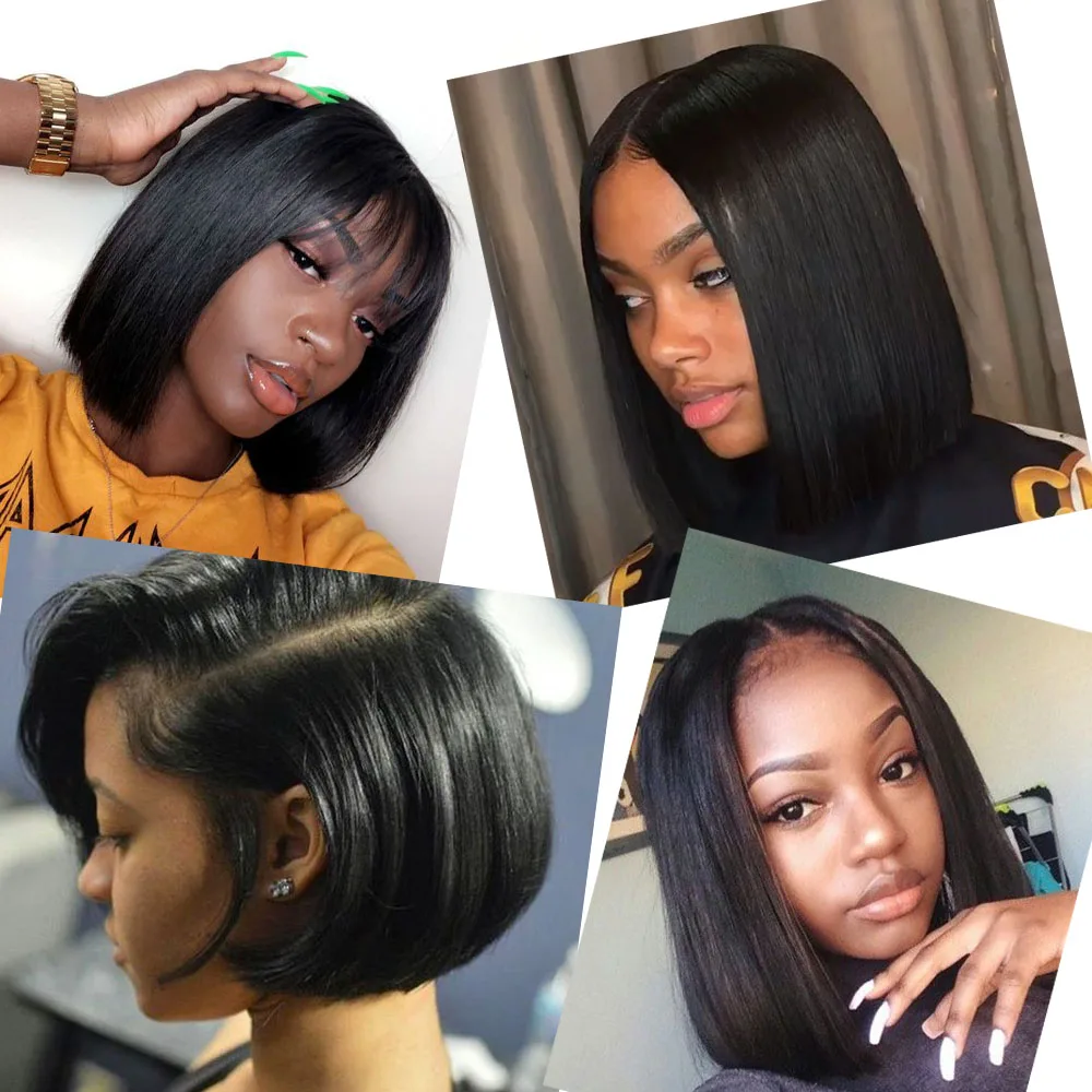  Alibd Short Lace Front Human Hair Wig Brazilian Straight Glueless Bob Wig Natural Color Remy Hair L