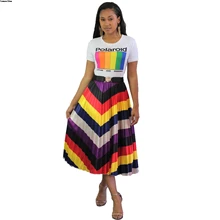 Лимонная Джина женская летняя волна красочные полосы высокая талия до середины икры плиссированные юбки Винтаж активная одежда юбка наряд LGYZ1049